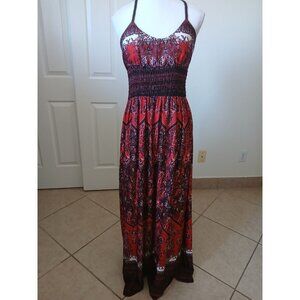 Takara‎ Womens Maxi Dress Brown Red Paisley Print Sleeveless Ruched Medium Boho